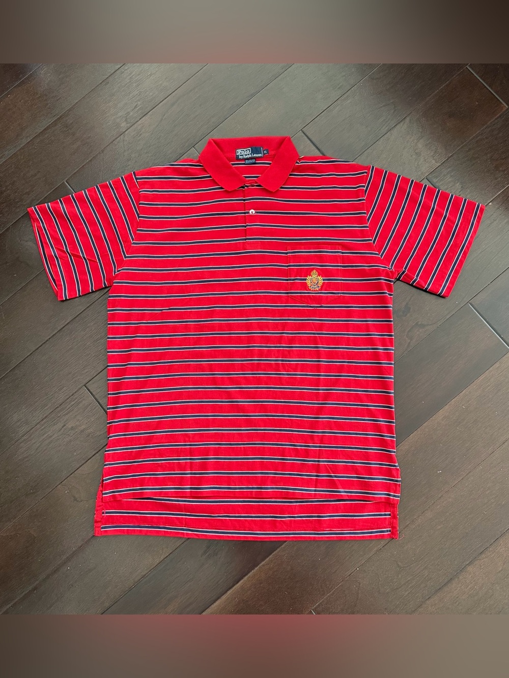 Vintage Ralph Lauren Polo Striped Shirt Crest Red Blue Mens XL EUC